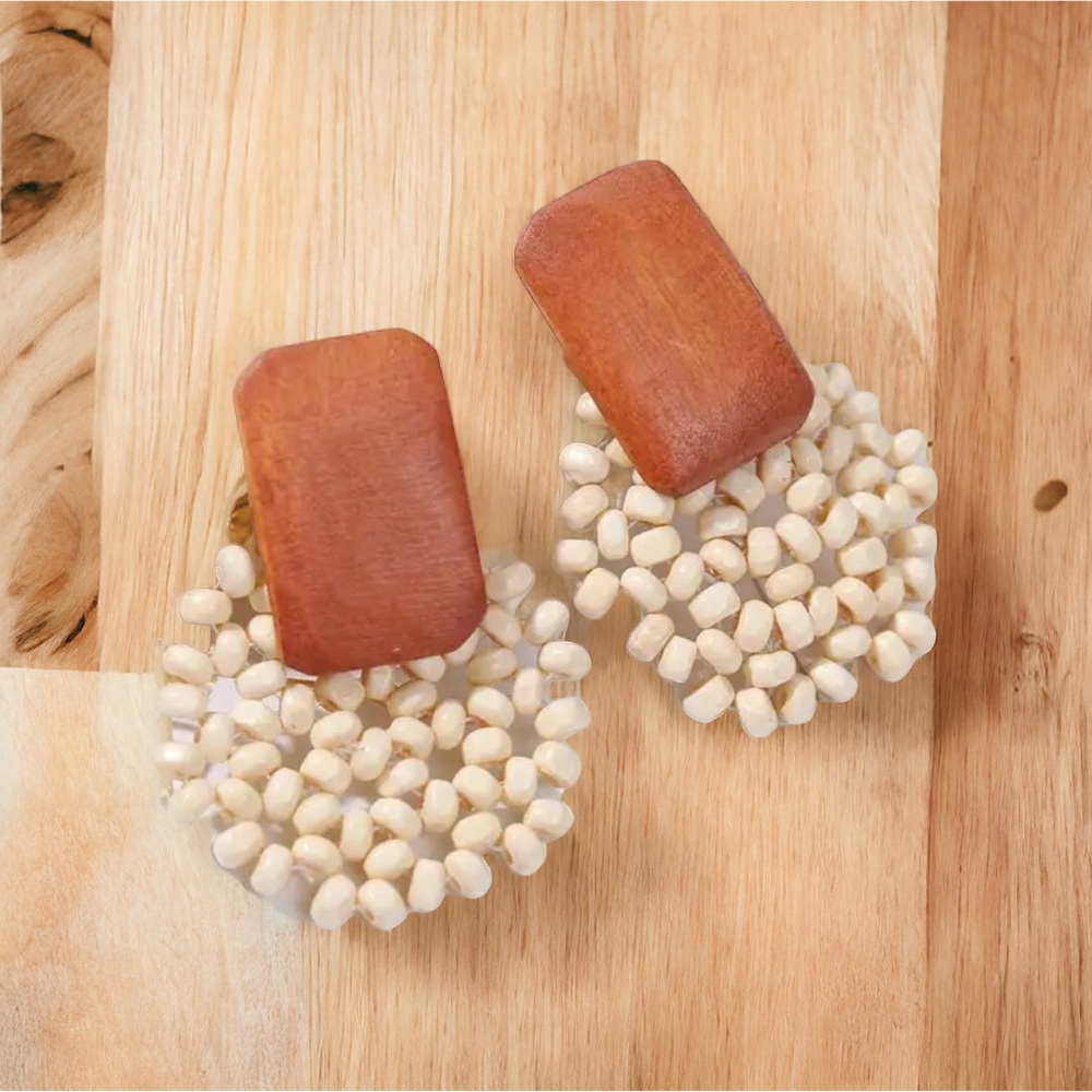 Bohemian Hand-Woven Geometric Wooden Earrings - Picture 1 of 3
